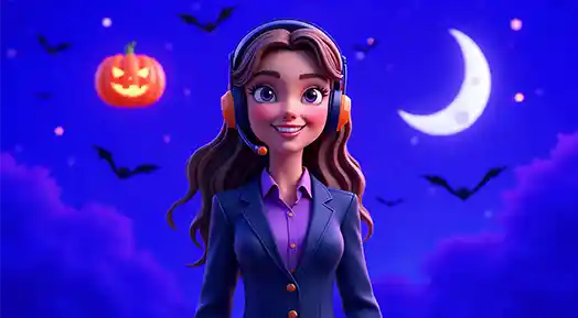 Halloween ghost customer support character wearing a headset