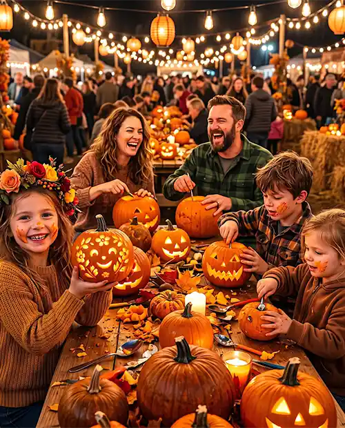 Family enjoying a colorful Halloween pumpkin festival