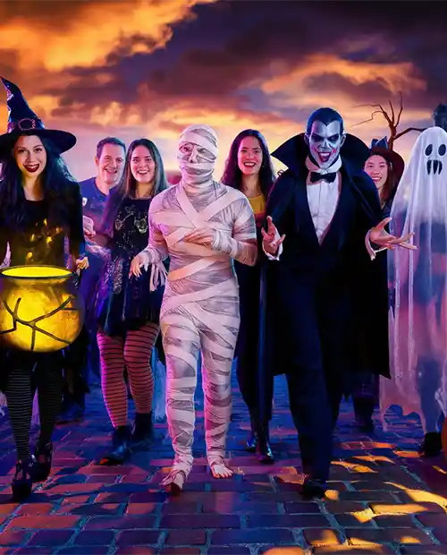 Halloween weekend city getaway with glowing pumpkins and night lights
