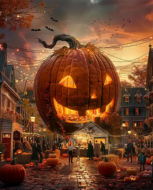Haunted city street illuminated at night during Halloween