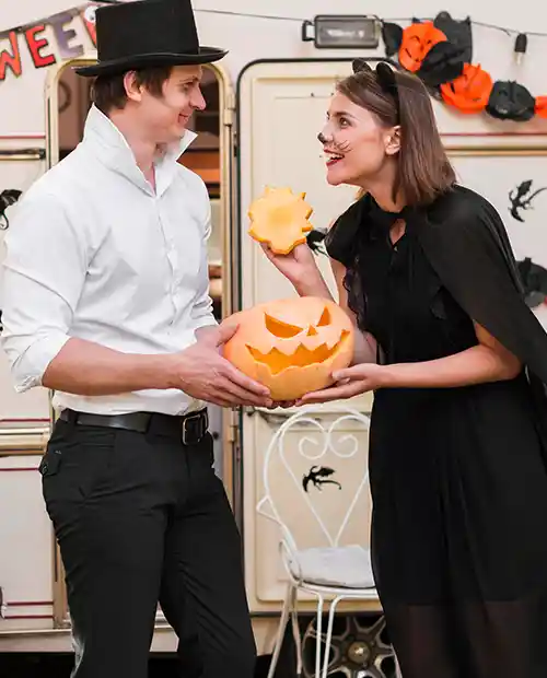 Romantic historic street decorated with pumpkins for Halloween